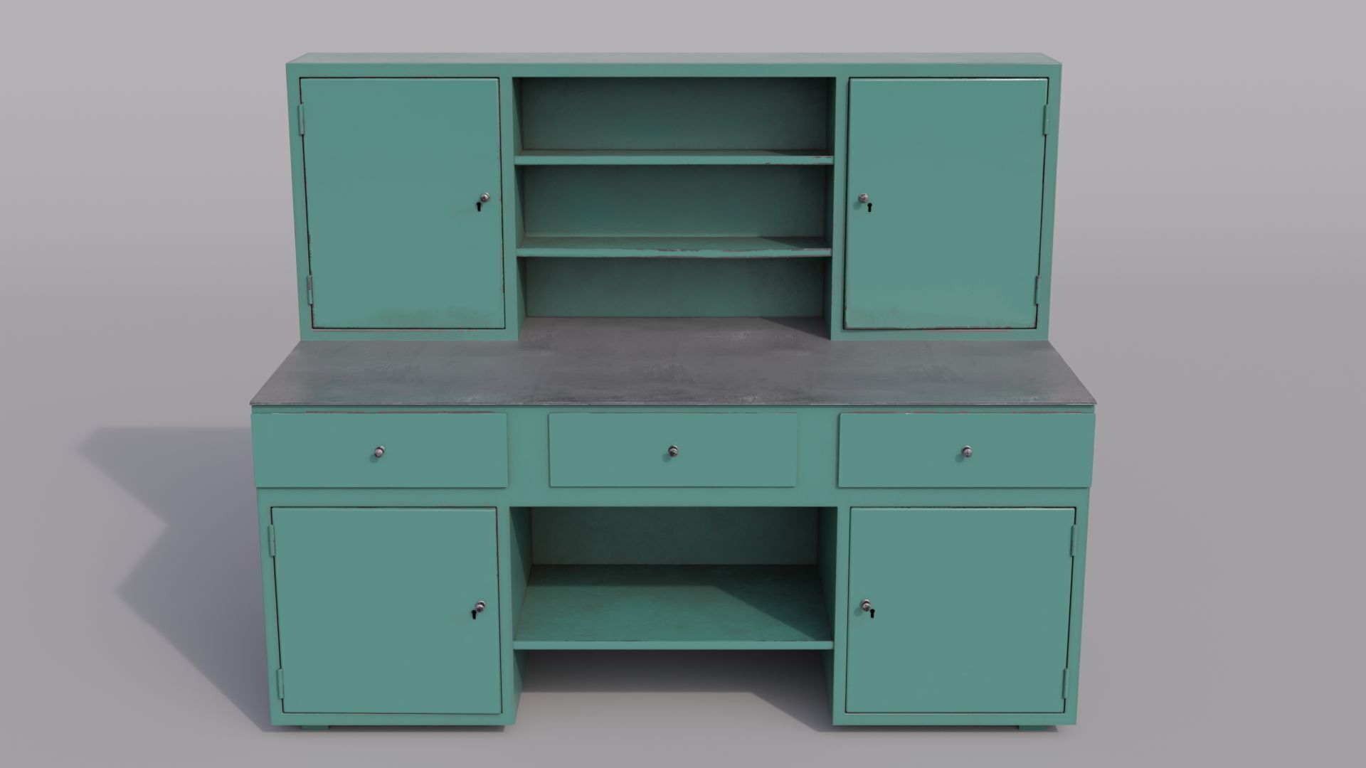 Massive metal workbench painted gray with scratches and defects Low-poly 3D model_7