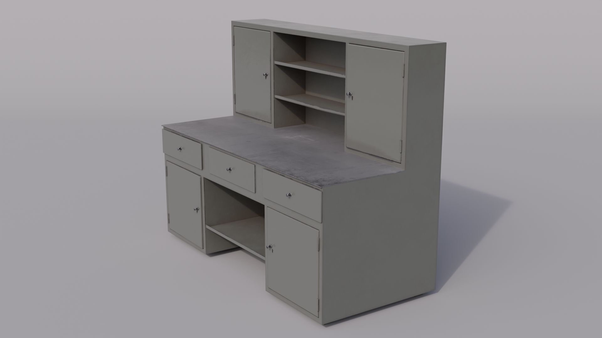 Massive metal workbench painted gray with scratches and defects Low-poly 3D model_2