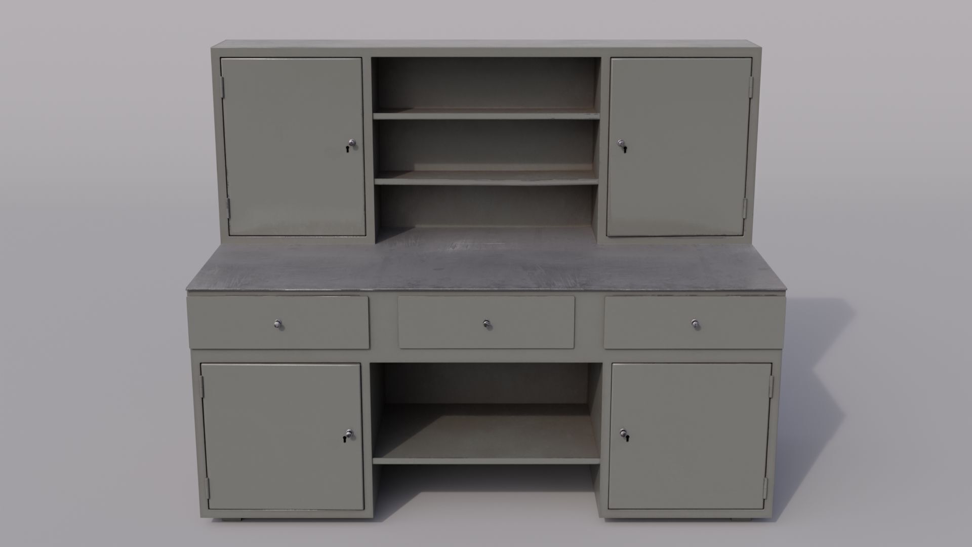 Massive metal workbench painted gray with scratches and defects Low-poly 3D model_1