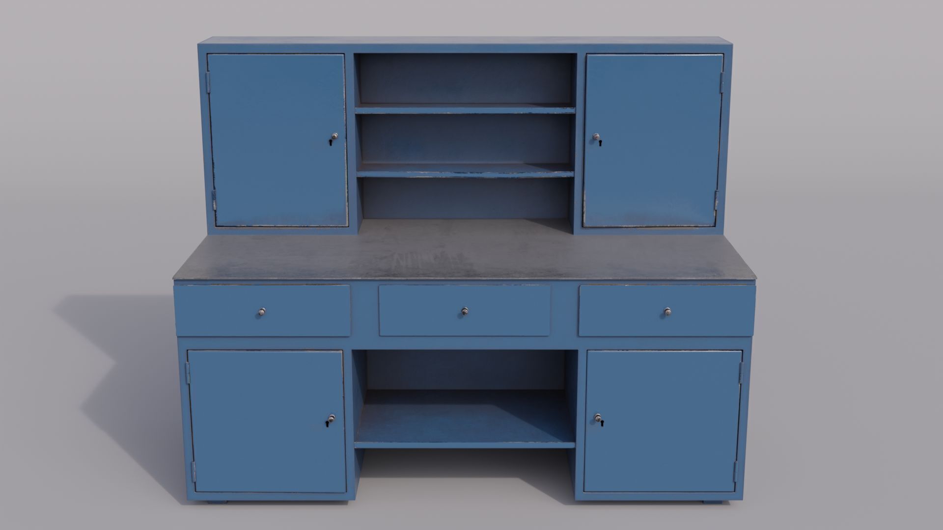 Massive metal workbench painted gray with scratches and defects Low-poly 3D model_8