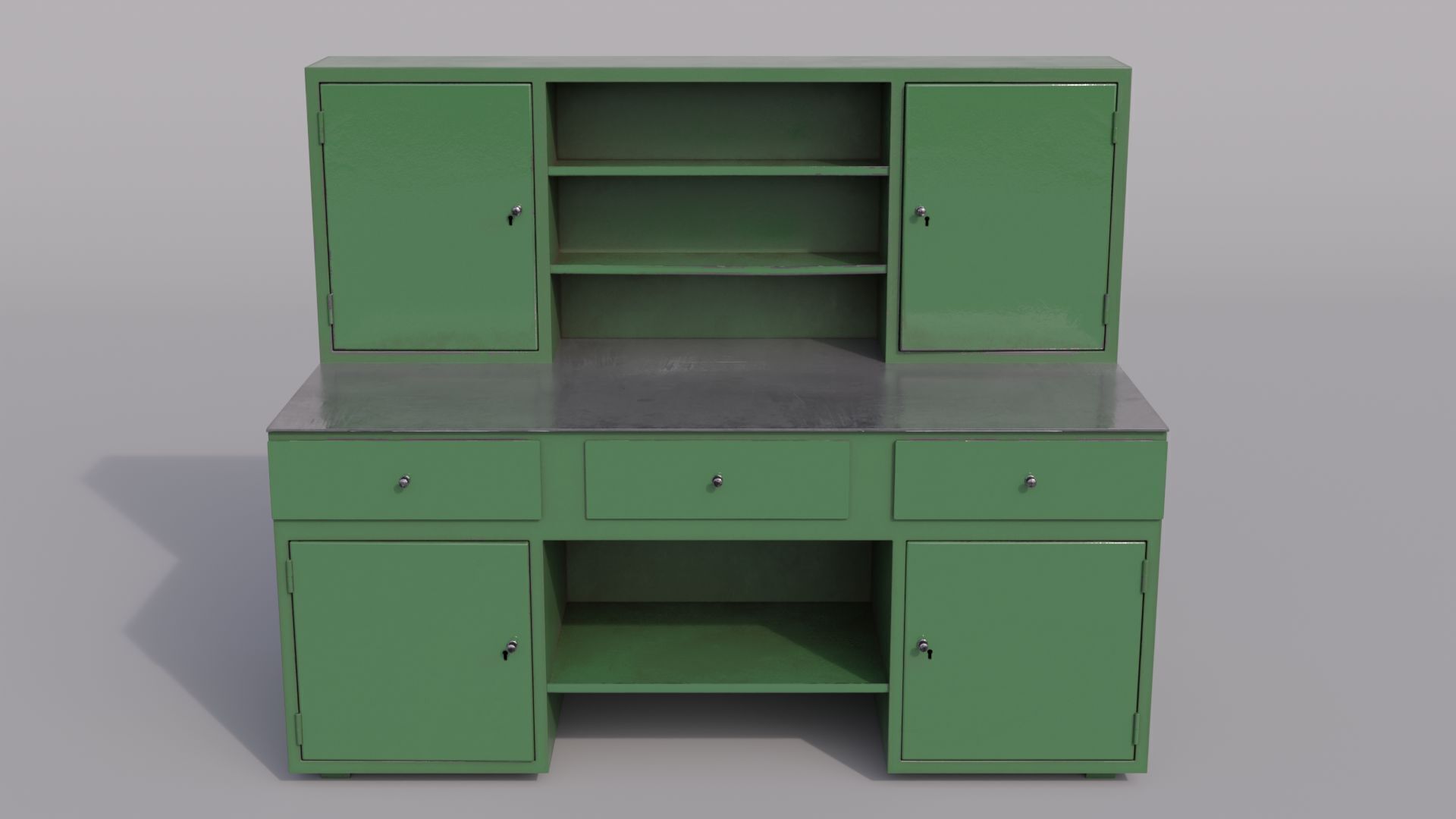 Massive metal workbench painted gray with scratches and defects Low-poly 3D model_6