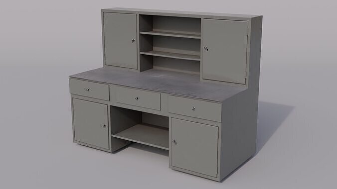Massive metal workbench painted gray with scratches and defects Low-poly 3D model