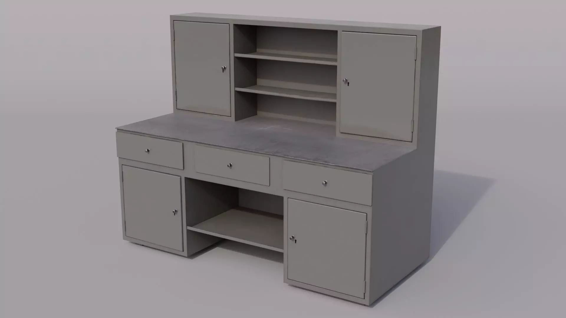 Massive metal workbench painted gray with scratches and defects Low-poly 3D model_0