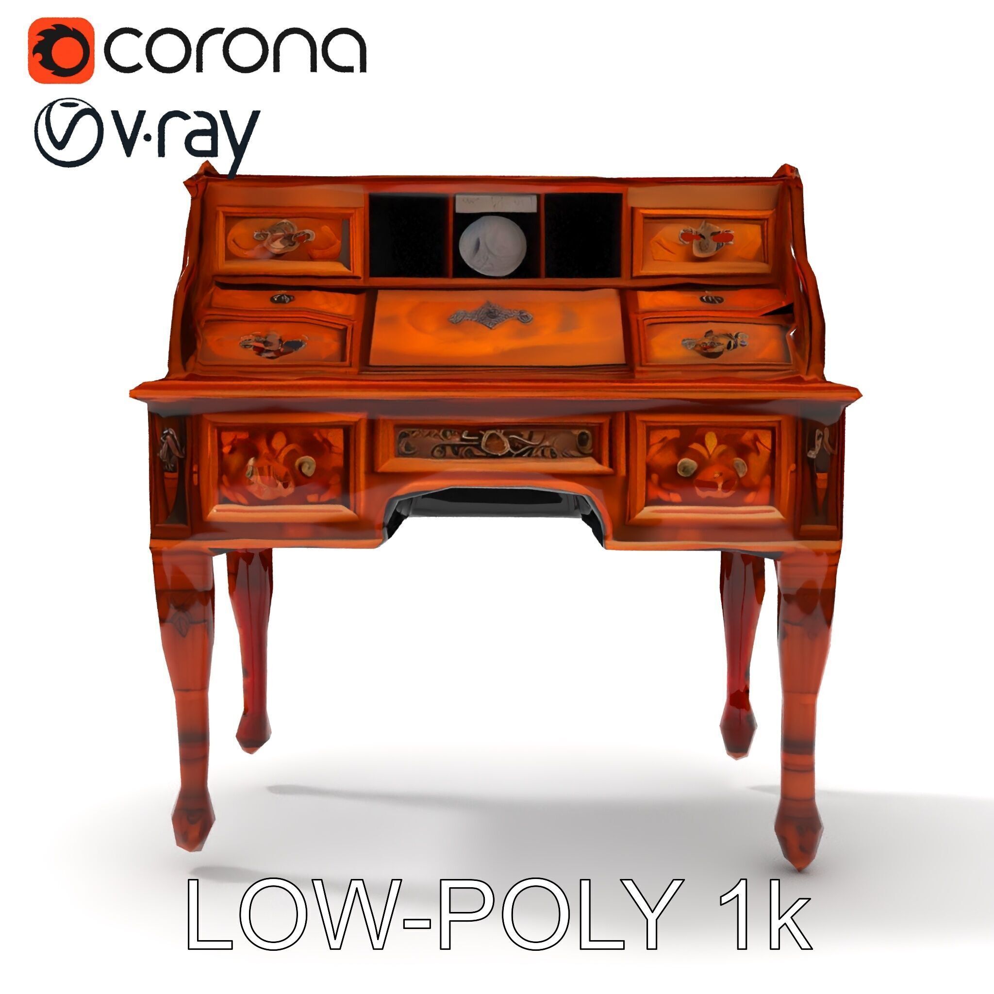 Antique RollTop Desk Model Pack Low-poly 3D model_7