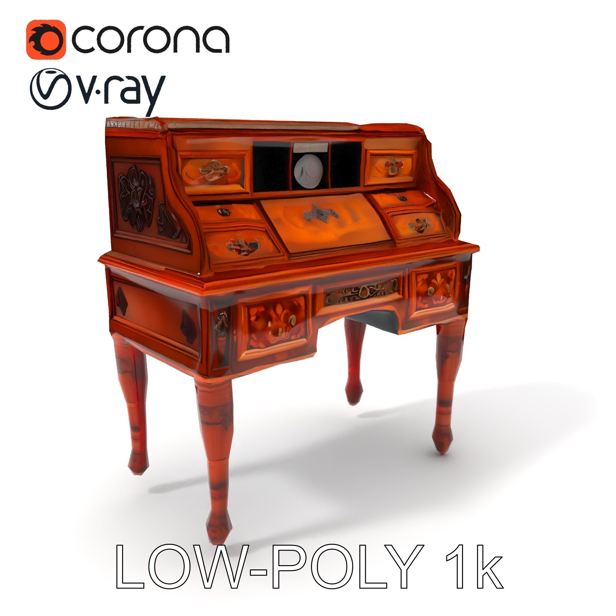 Antique RollTop Desk Model Pack Low-poly 3D model_12