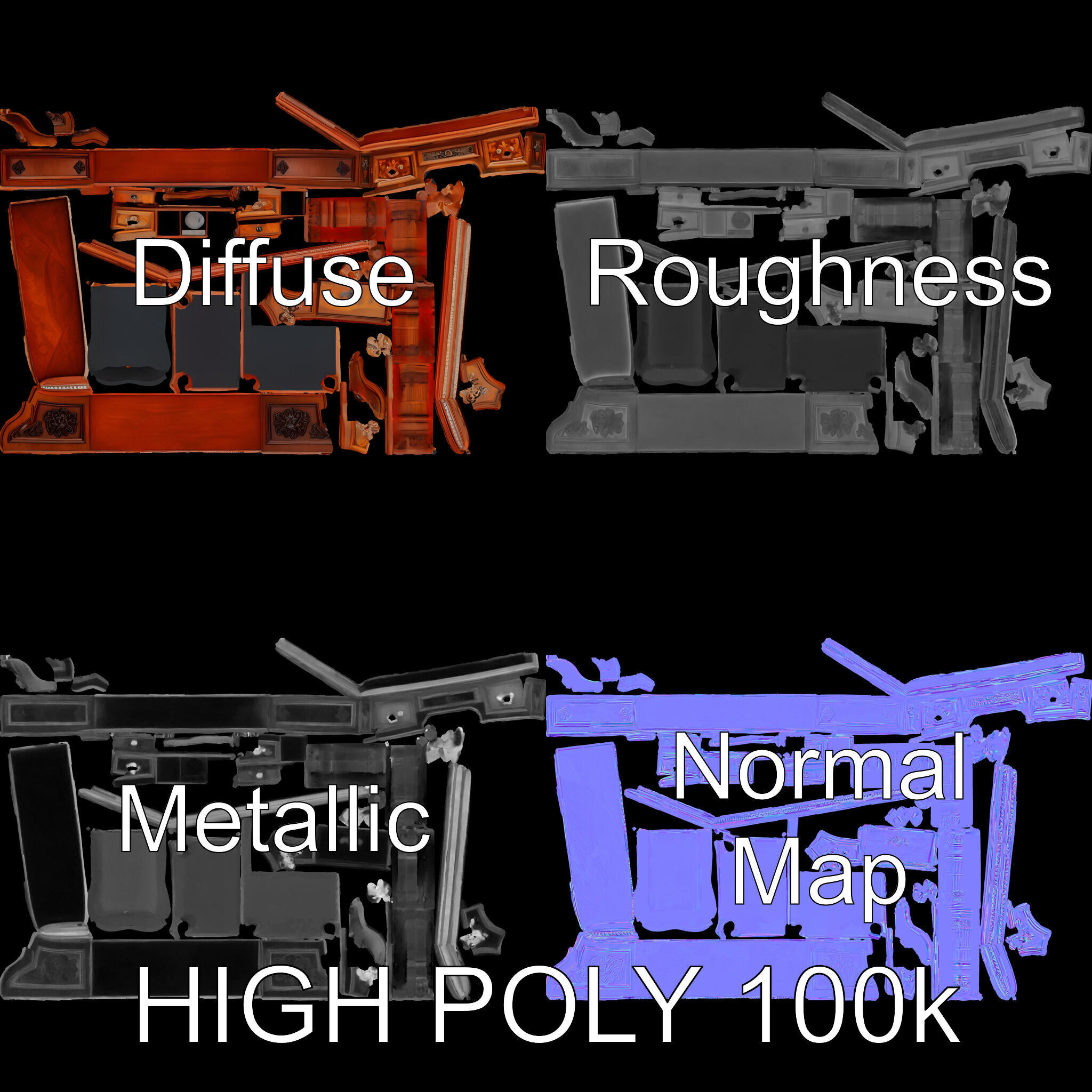 Antique RollTop Desk Model Pack Low-poly 3D model_2