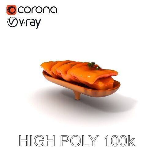 Realistic Smoked Salmon Slices on Wooden Platter D Model Pack Low-poly 3D model 3