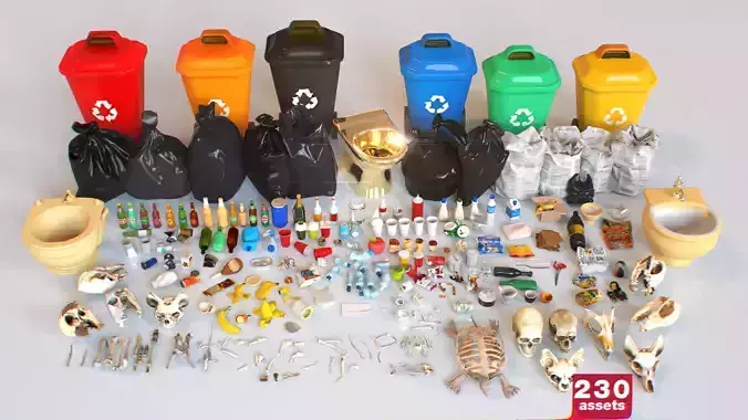 Game Ready Stylized Urban Garbage Trash Waste Pack - 230 assets