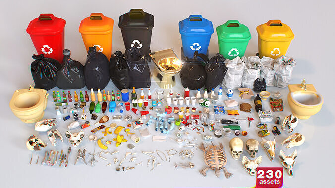 Game Ready Stylized Urban Trash  Waste Pack - 230 assets Low-poly 3D model