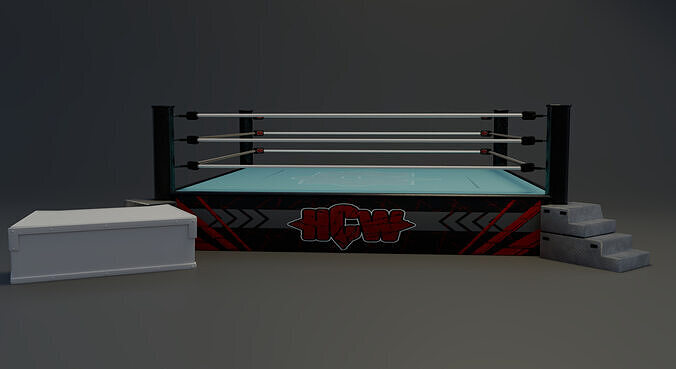 Realistic Wrestling Ring with Commentary Table and Metal Steps 3D model