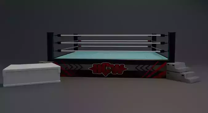 Realistic Wrestling Ring with Commentary Table and Metal Steps 3D model