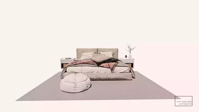 Double Bed with Nightstands - Modern Bedroom Set - Fabric - Wood