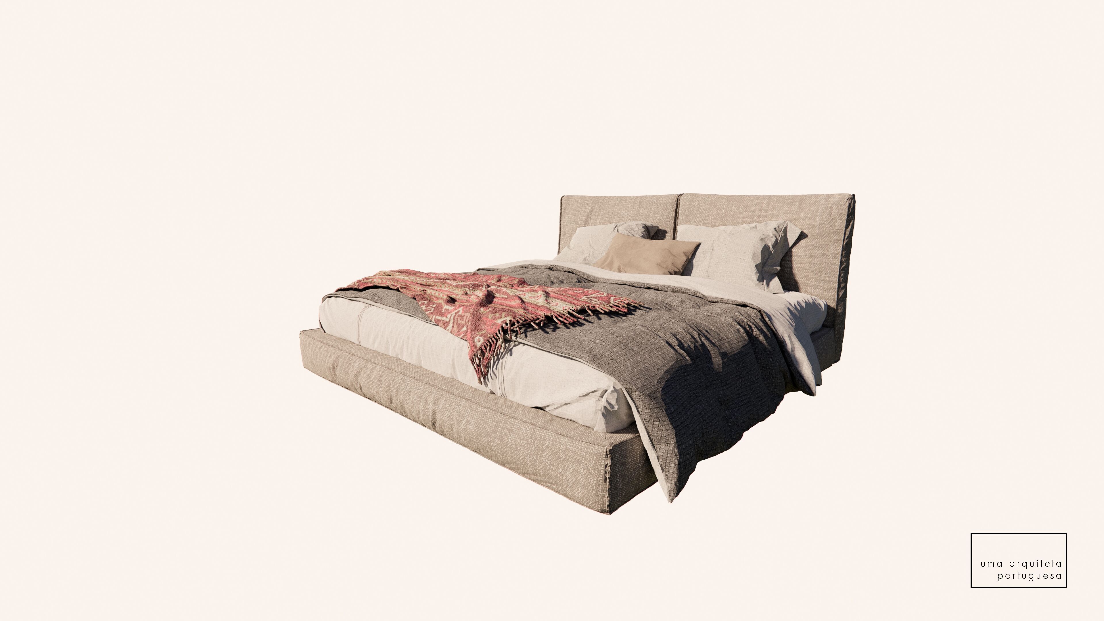 Double Bed with Pillows and Blanket - Modern Fabric and Wood 3D model_12