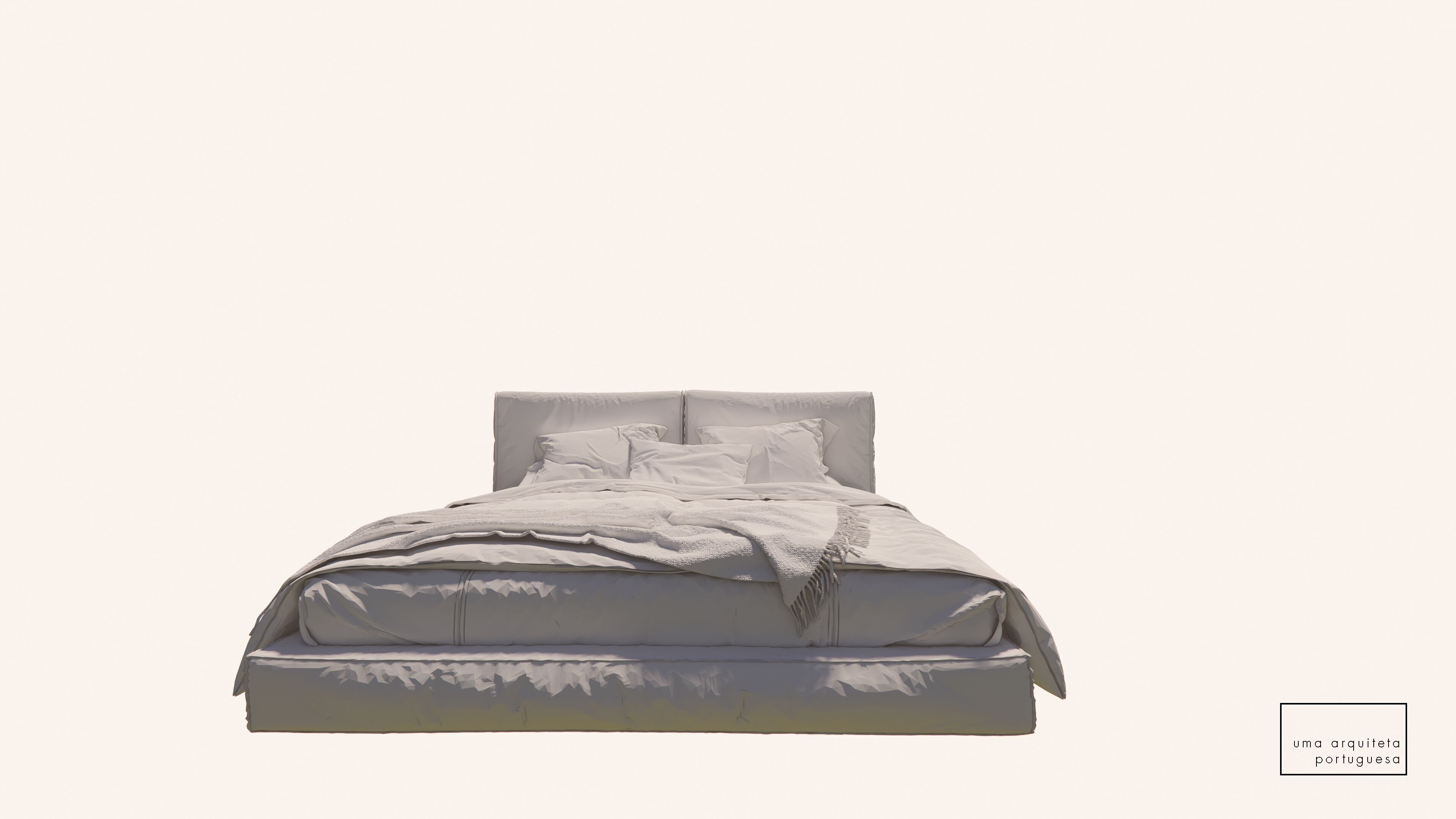 Double Bed with Pillows and Blanket - Modern Fabric and Wood 3D model_1