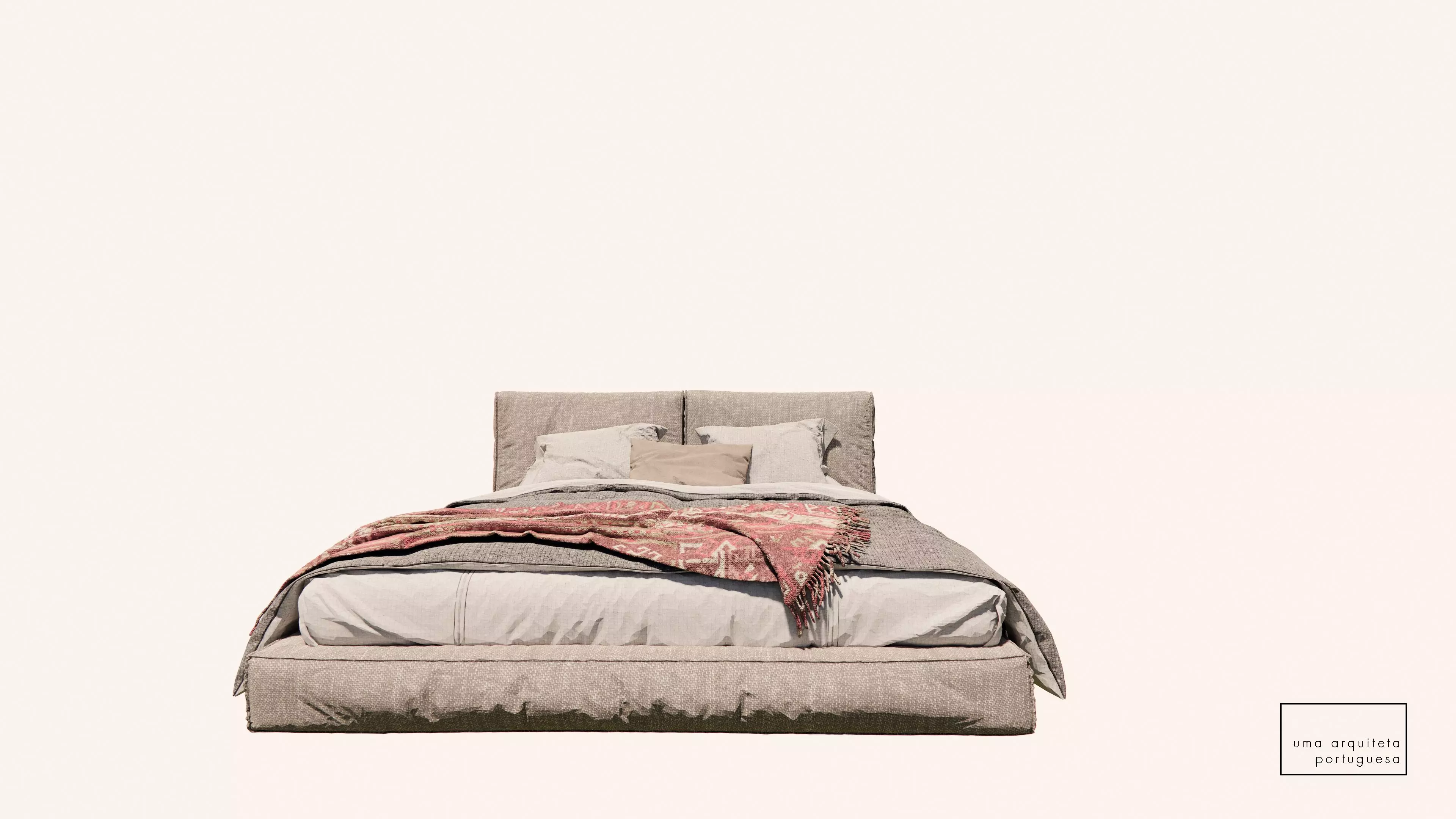 Double Bed with Pillows and Blanket - Modern Fabric and Wood 3D model_0