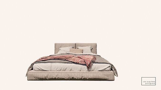 Double Bed with Pillows and Blanket - Modern Fabric and Wood 3D model