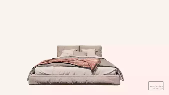 Double Bed with Pillows and Blanket - Modern Fabric and Wood