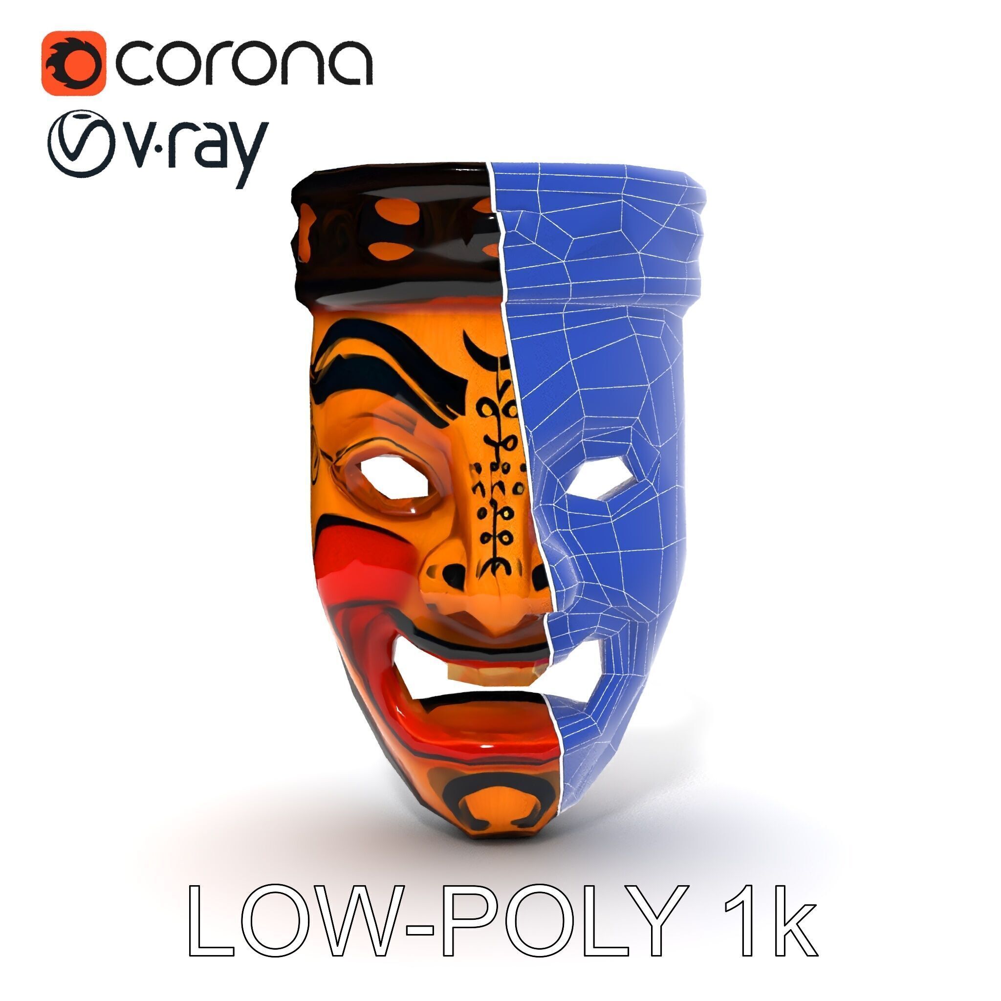 Traditional Wooden Mask Model Pack with Detailed Textures Low-poly 3D model_29