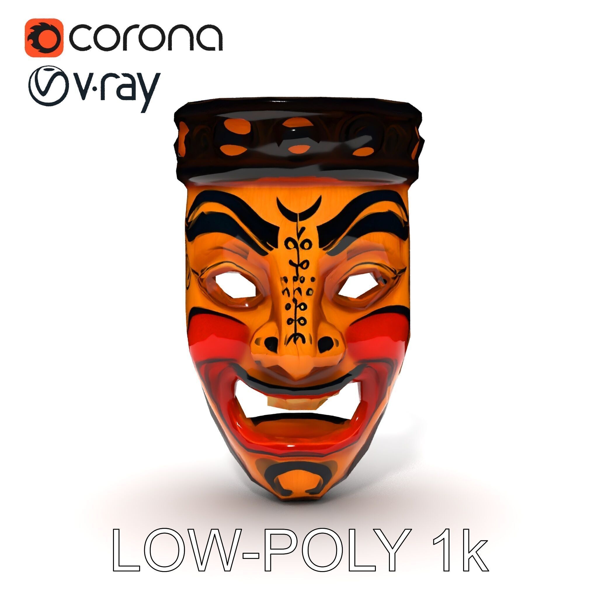 Traditional Wooden Mask Model Pack with Detailed Textures Low-poly 3D model_7