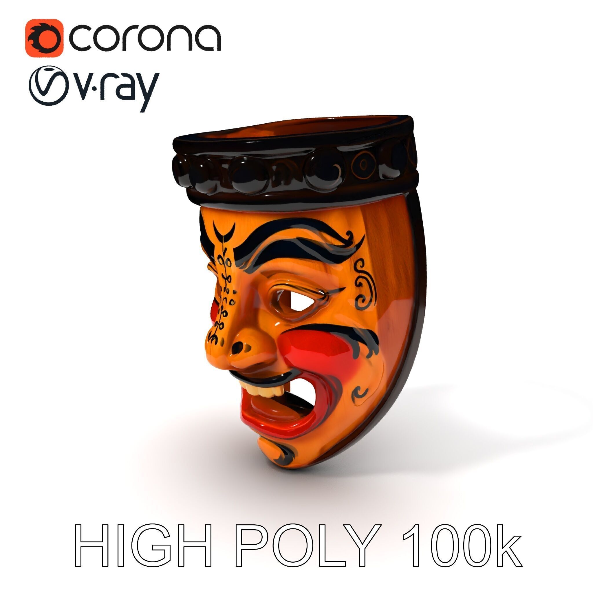 Traditional Wooden Mask Model Pack with Detailed Textures Low-poly 3D model_3