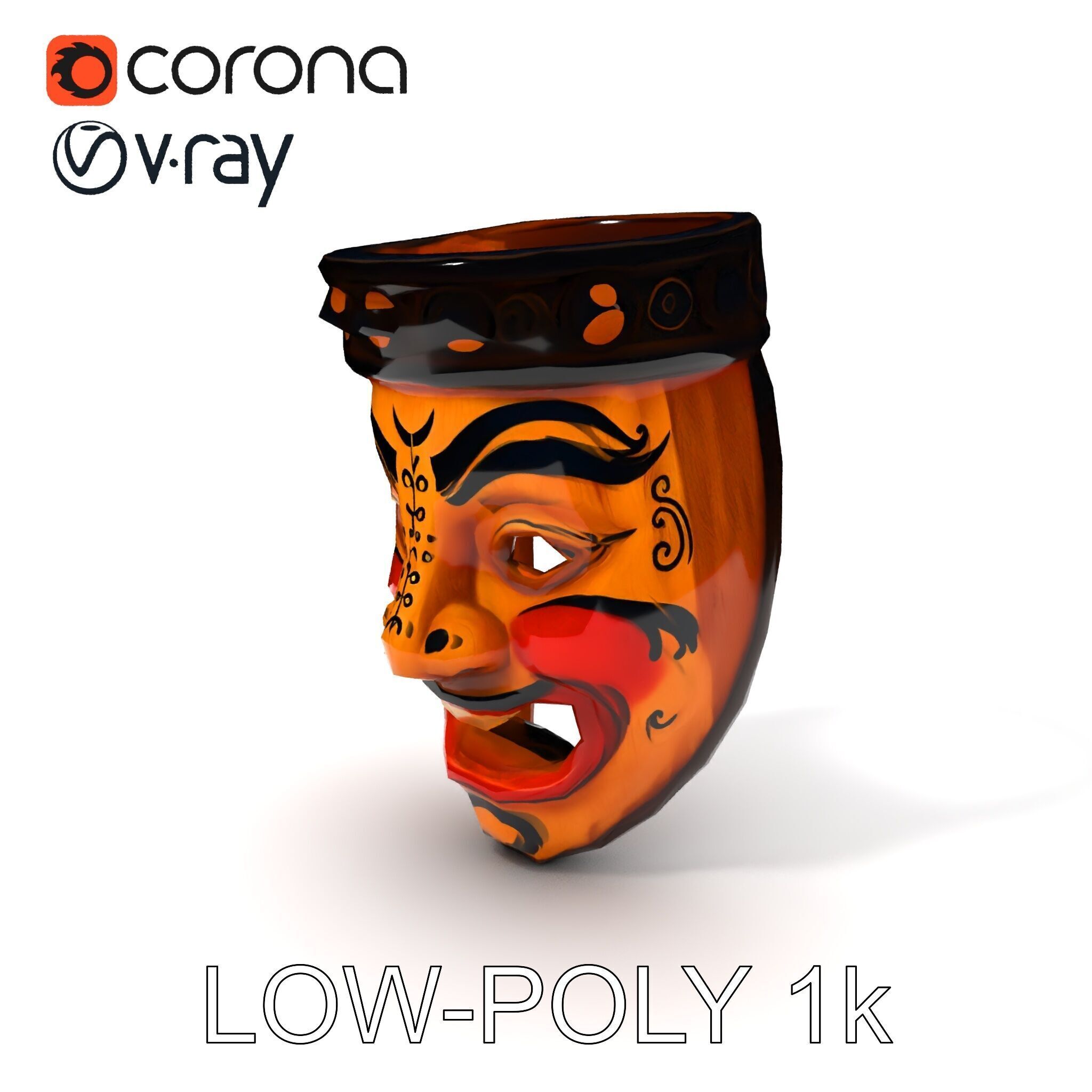 Traditional Wooden Mask Model Pack with Detailed Textures Low-poly 3D model_12