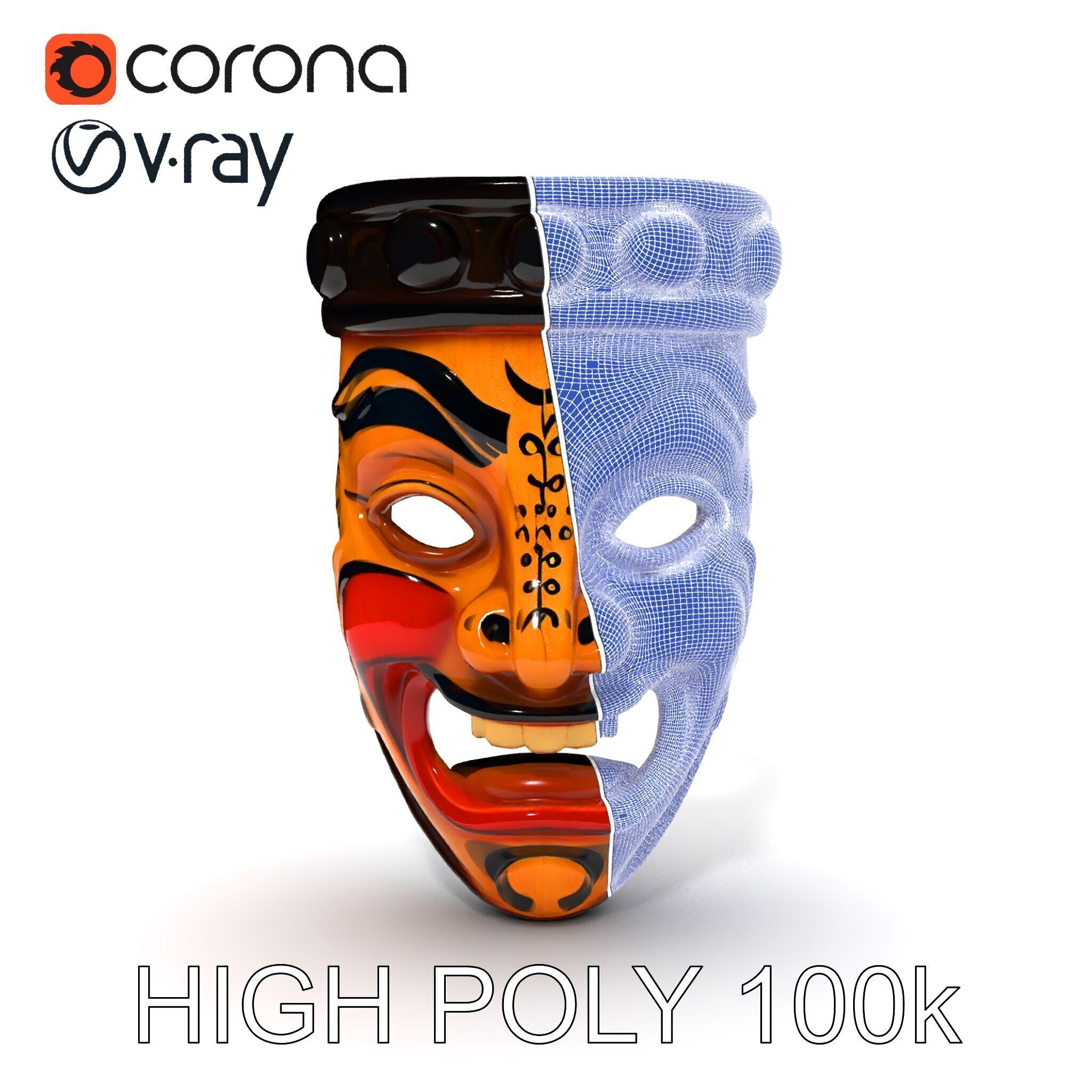 Traditional Wooden Mask Model Pack with Detailed Textures Low-poly 3D model_24