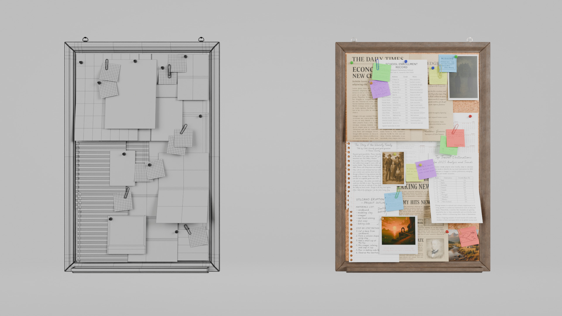 Customizable Wooden Wall Cork Board - Tall Classic Pin Board Low-poly 3D model_17