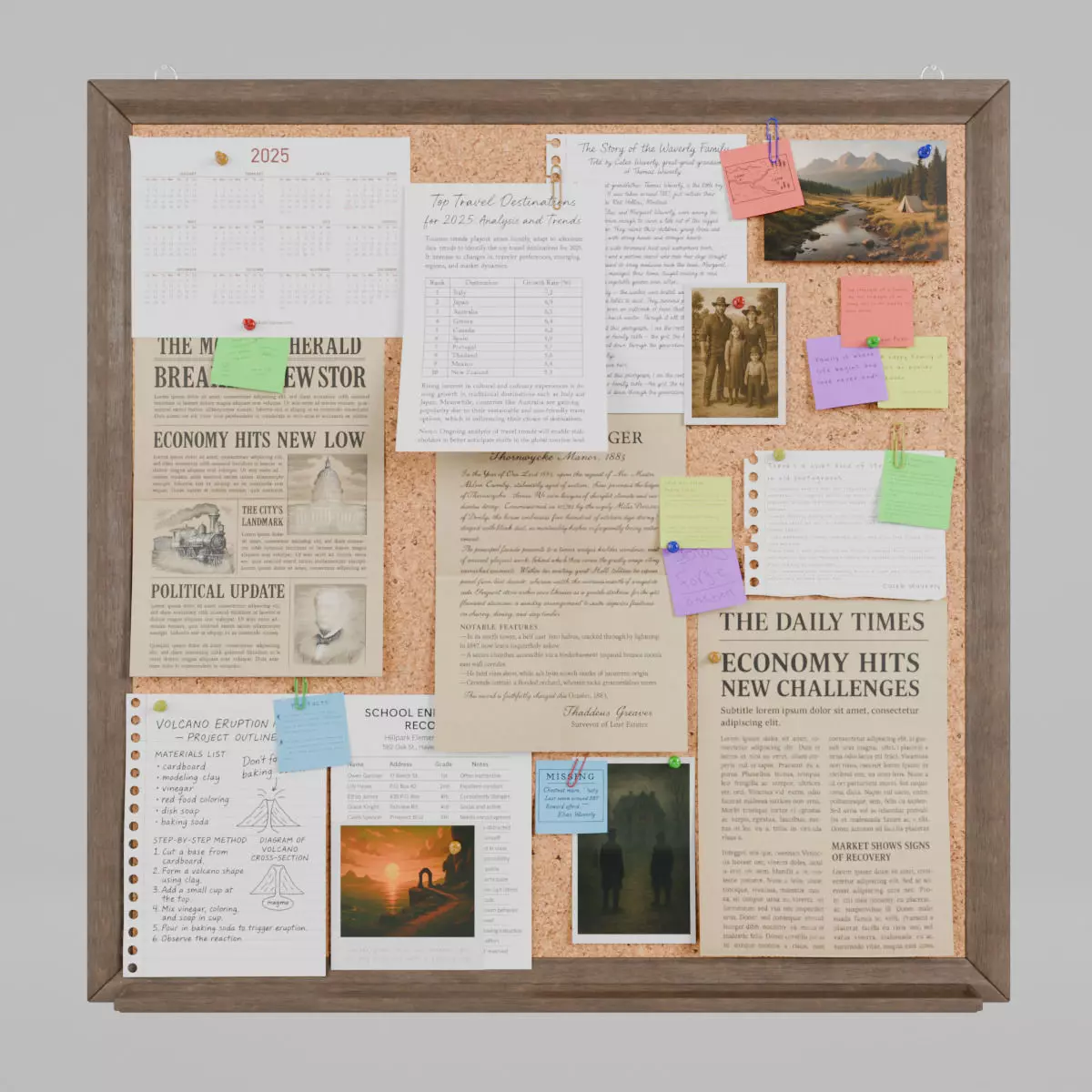 Customizable Wooden Wall Cork Board - Square Classic Pin Board Low-poly 3D model_0