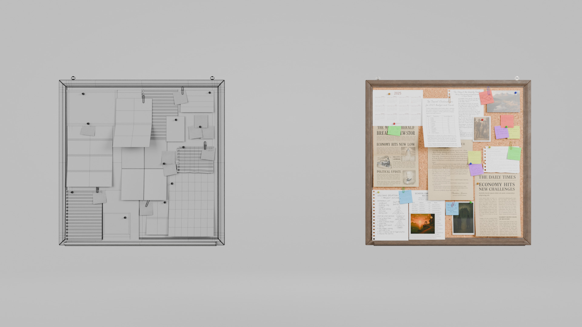 Customizable Wooden Wall Cork Board - Square Classic Pin Board Low-poly 3D model_13
