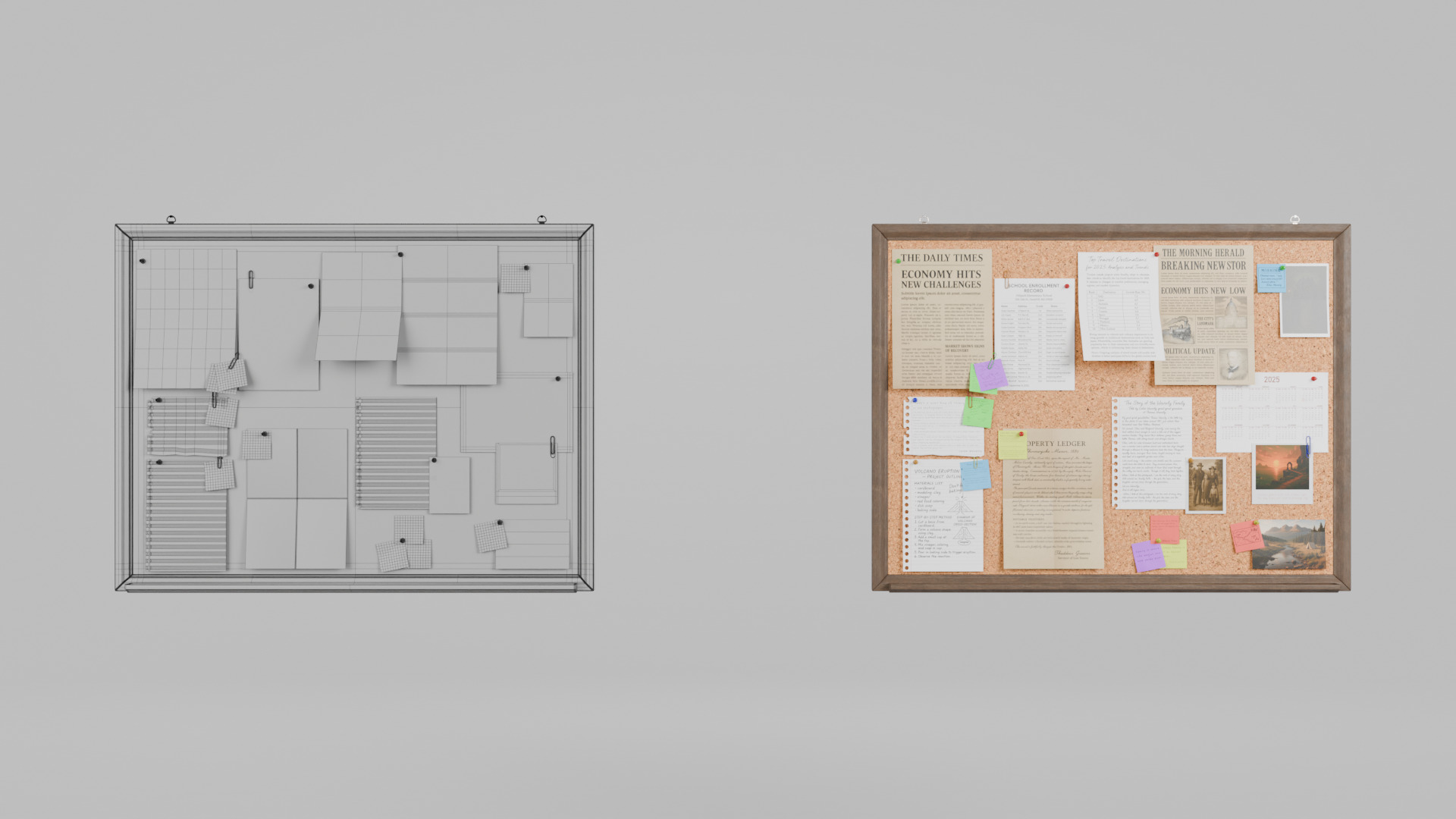 Customizable Wooden Wall Cork Board - Classic Pin Notice Board Low-poly 3D model_12