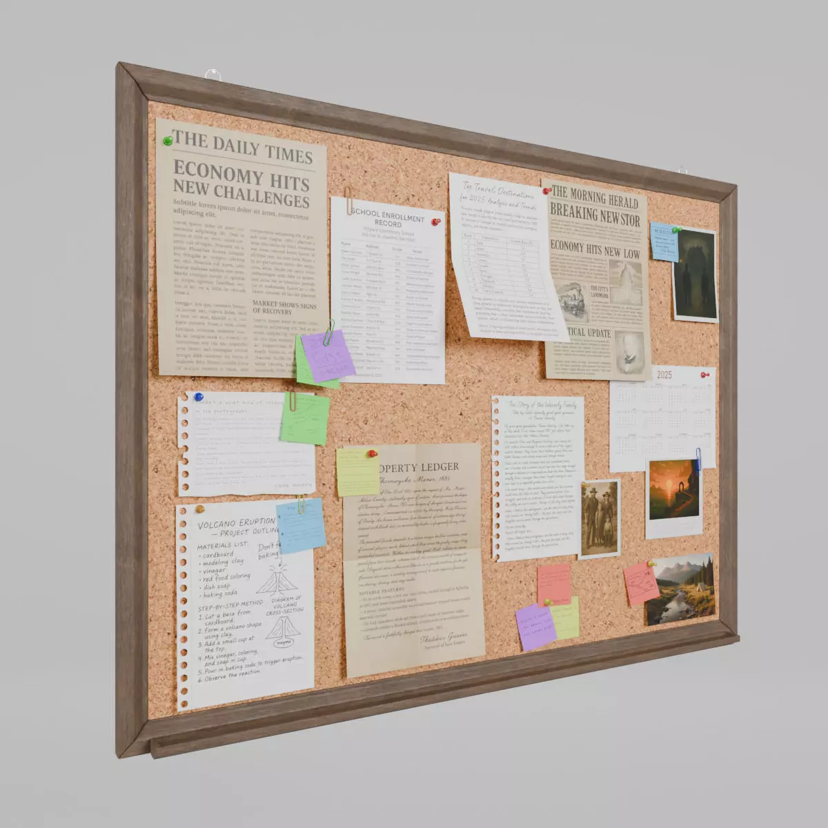 Customizable Wooden Wall Cork Board - Classic Pin Notice Board Low-poly 3D model_0