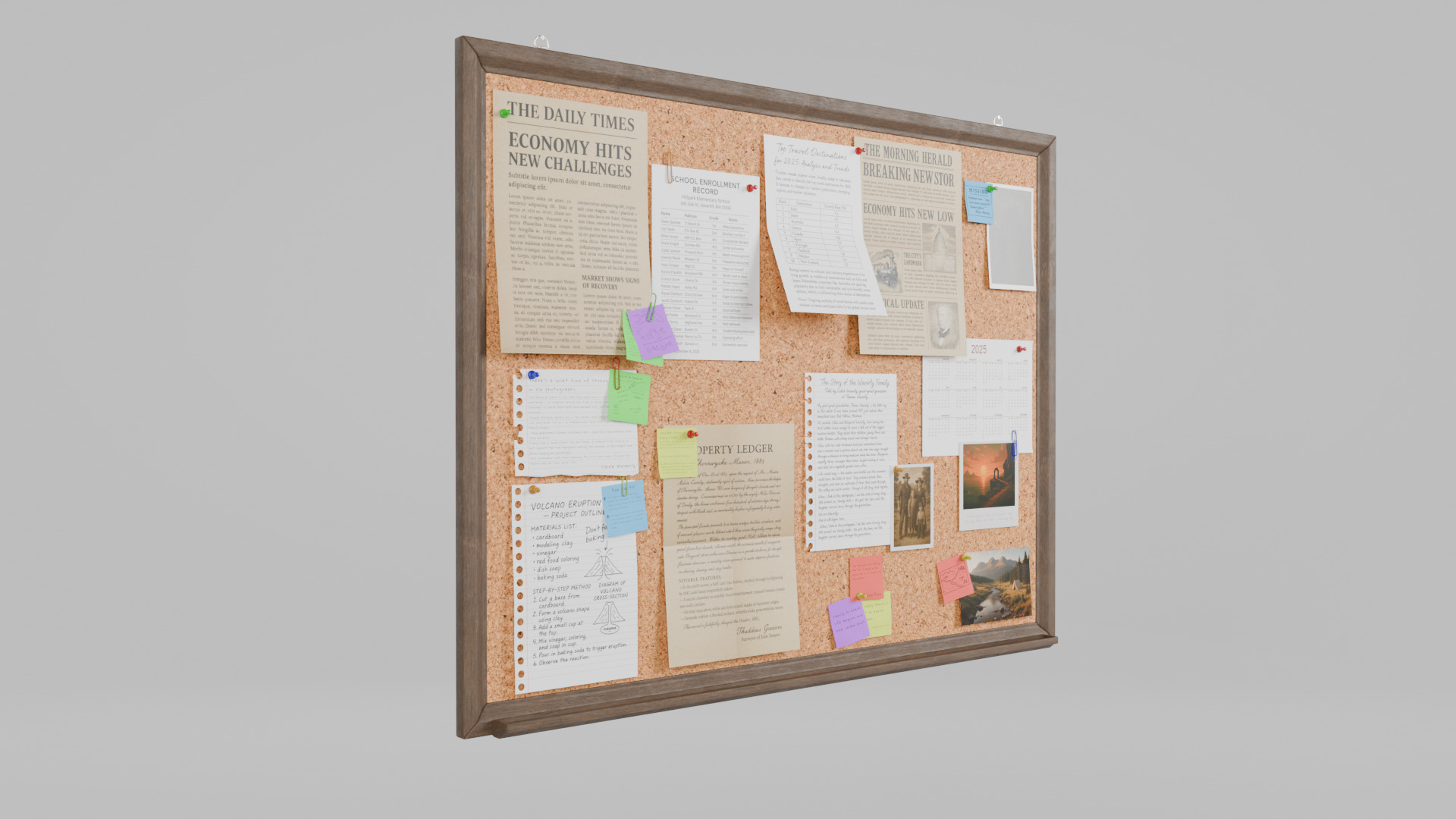 Customizable Wooden Wall Cork Board - Classic Pin Notice Board Low-poly 3D model_2