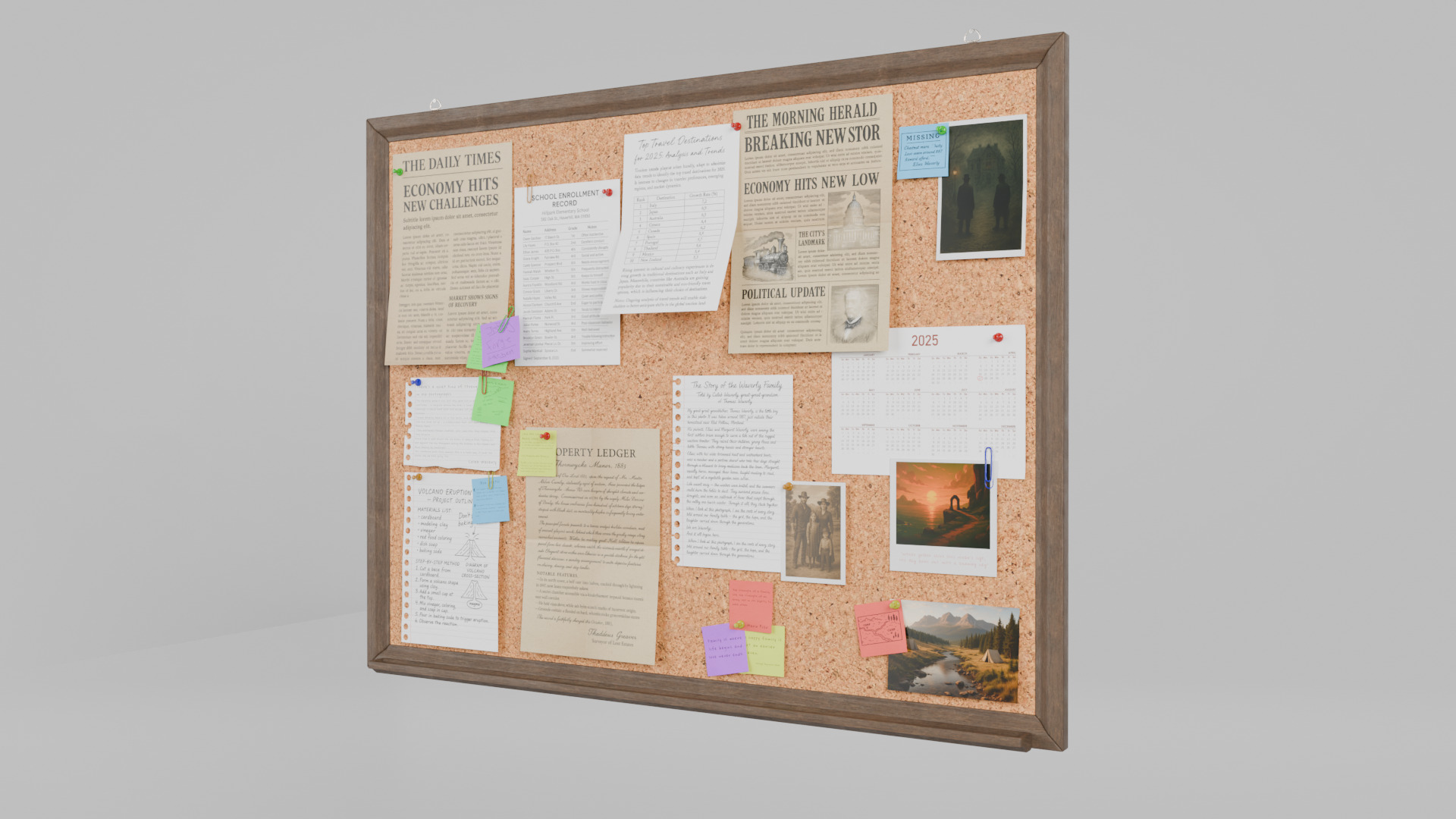 Customizable Wooden Wall Cork Board - Classic Pin Notice Board Low-poly 3D model_3