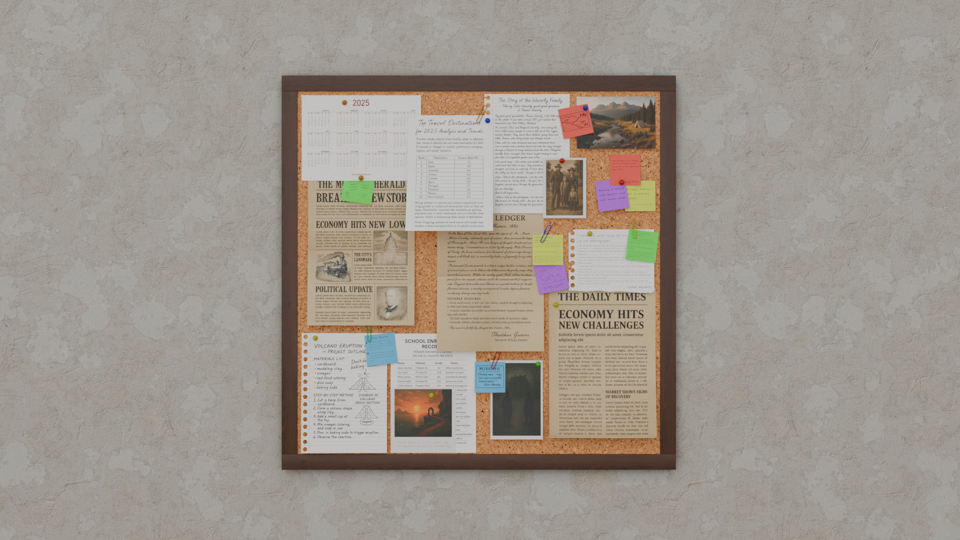 Customizable Wooden Wall Cork Board - Square Office Pin Board Low-poly 3D model_6