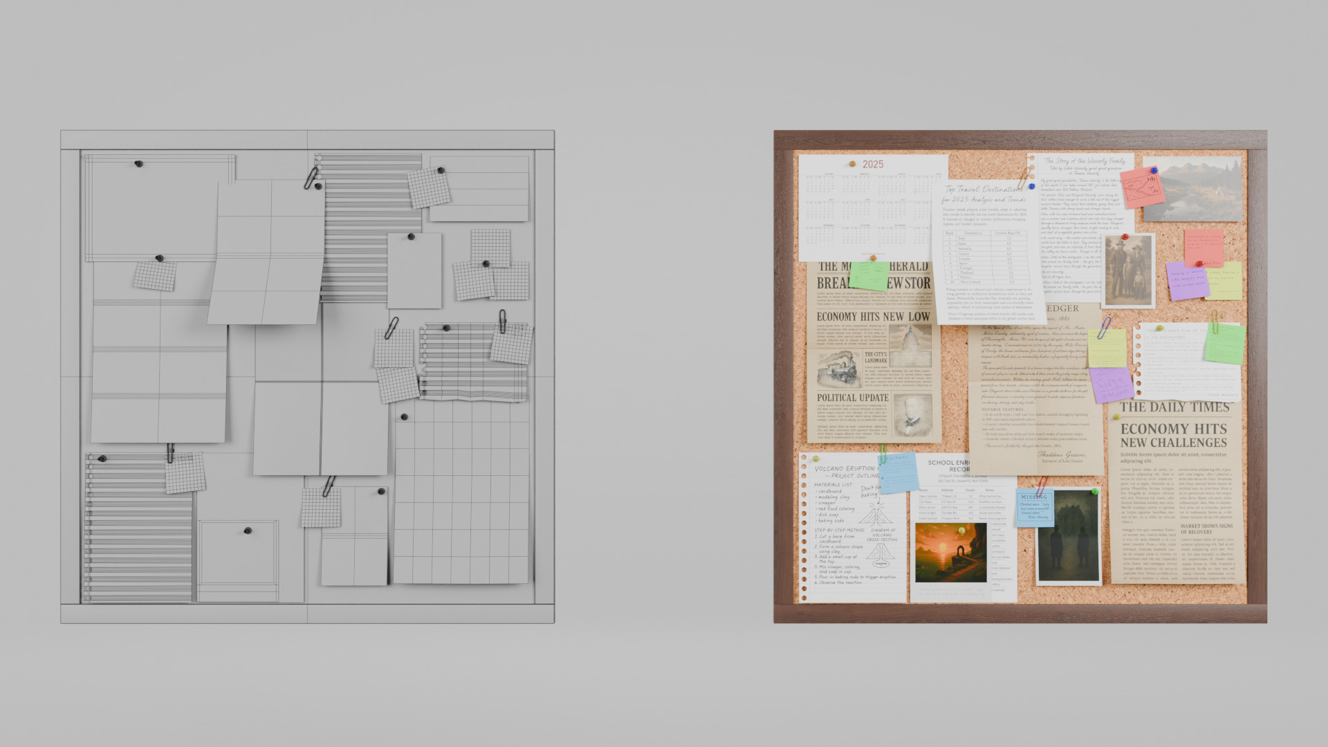 Customizable Wooden Wall Cork Board - Square Office Pin Board Low-poly 3D model_16