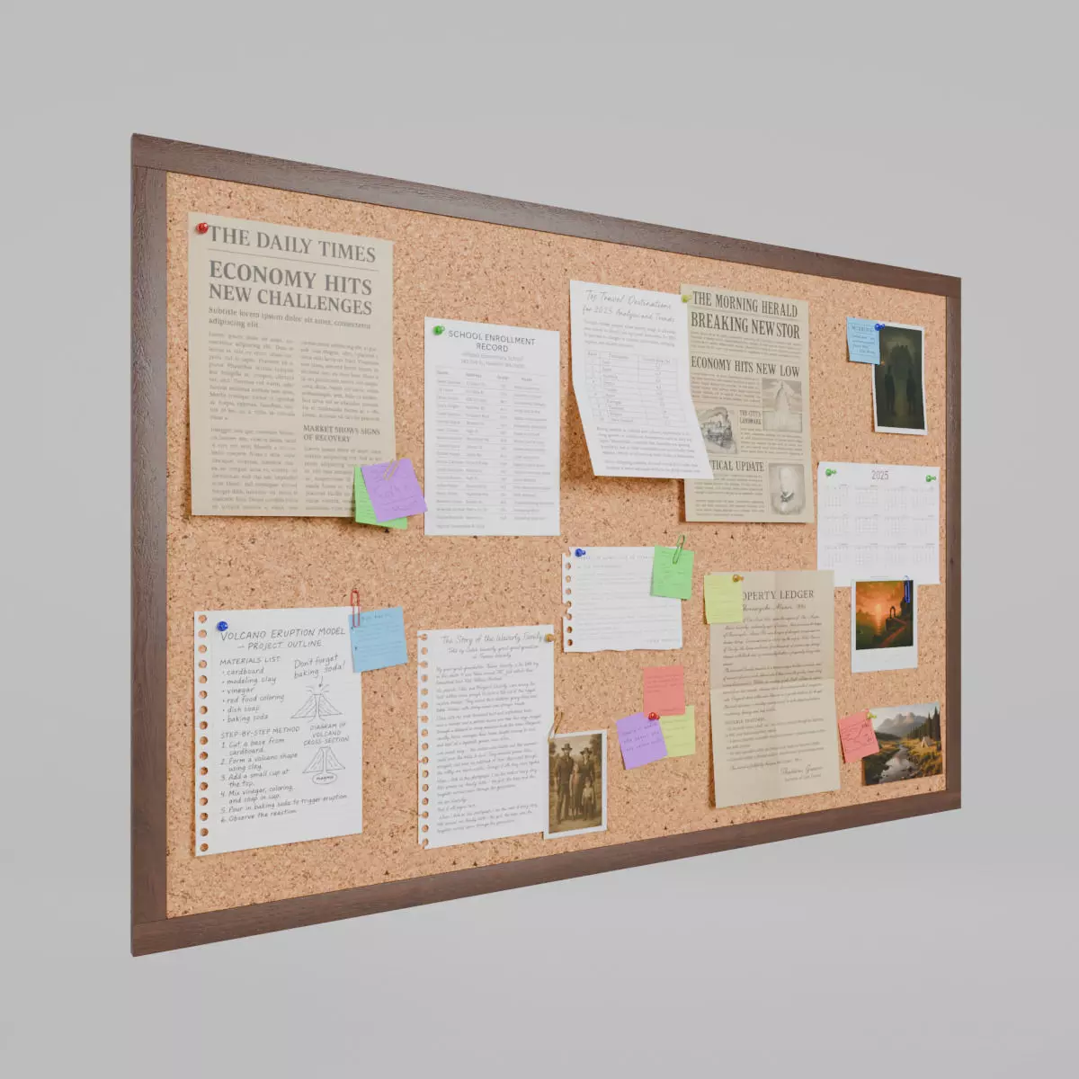 Customizable Wooden Wall Cork Board - Office Pin Notice Board Low-poly 3D model_0
