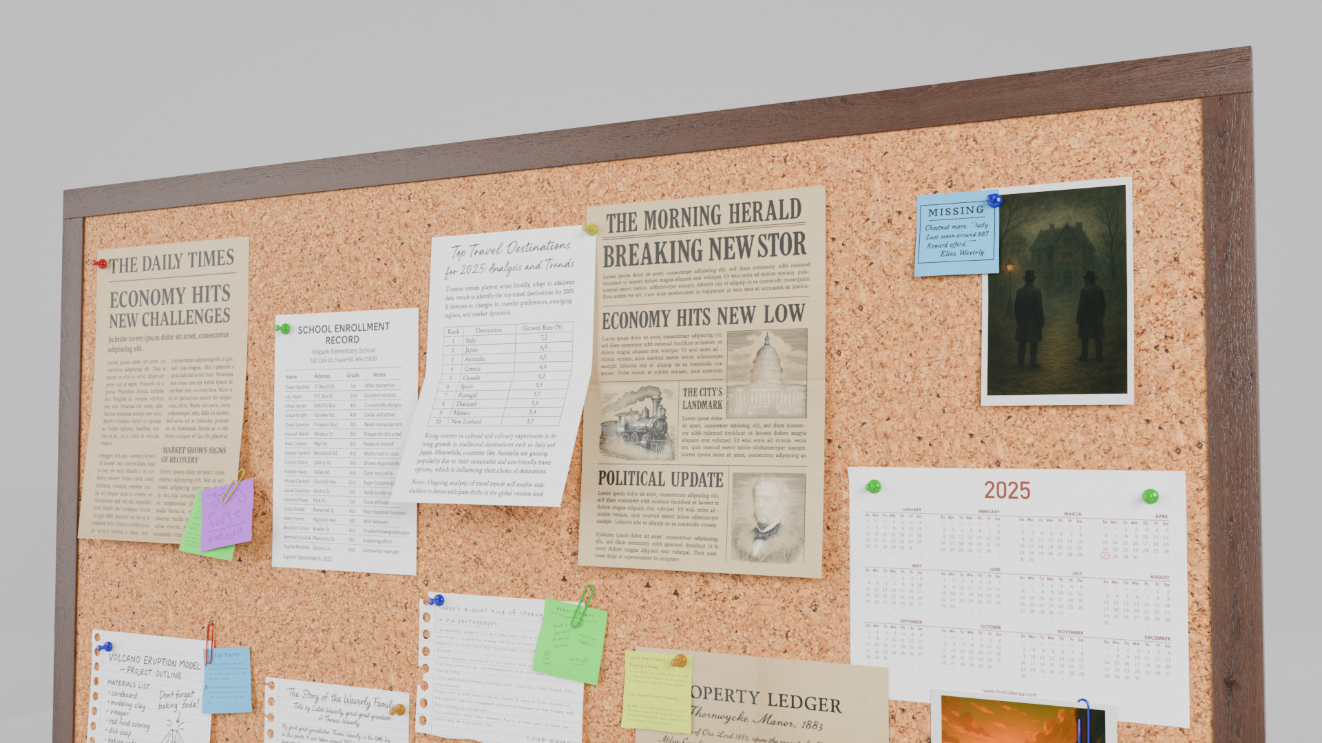 Customizable Wooden Wall Cork Board - Office Pin Notice Board Low-poly 3D model_9