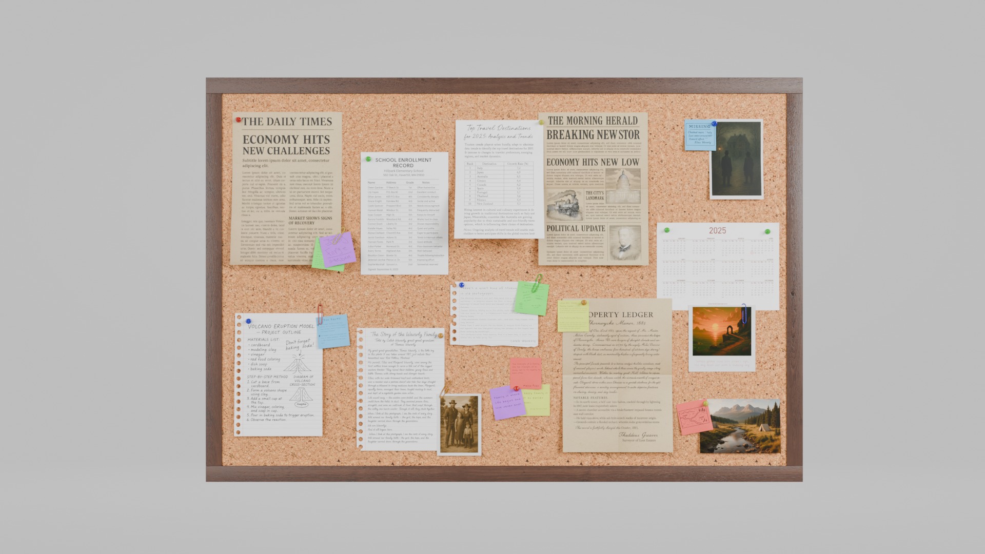Customizable Wooden Wall Cork Board - Office Pin Notice Board Low-poly 3D model_2
