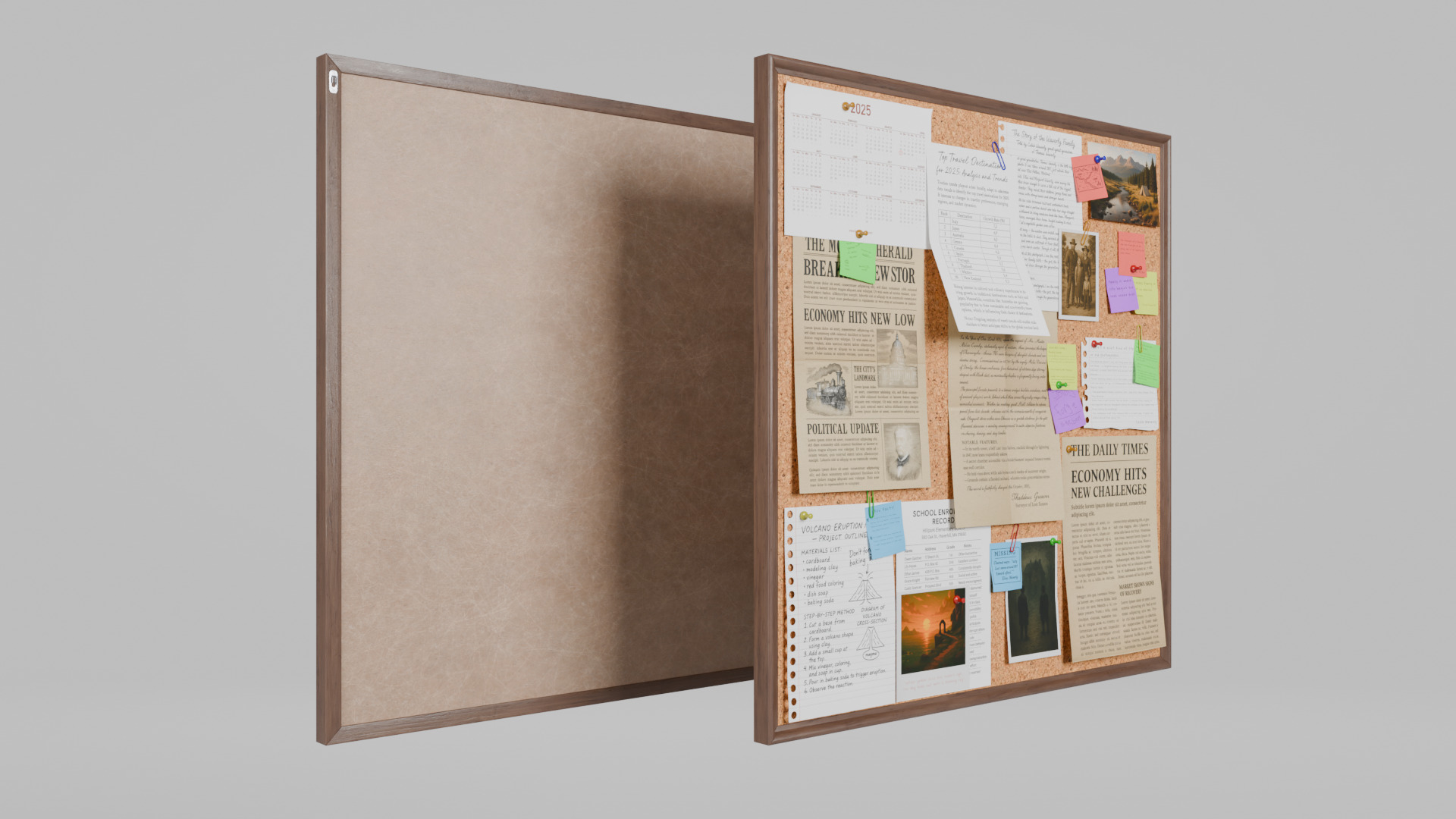 Customizable Wooden Wall Cork Board - Square Pin Notice Board Low-poly 3D model_4