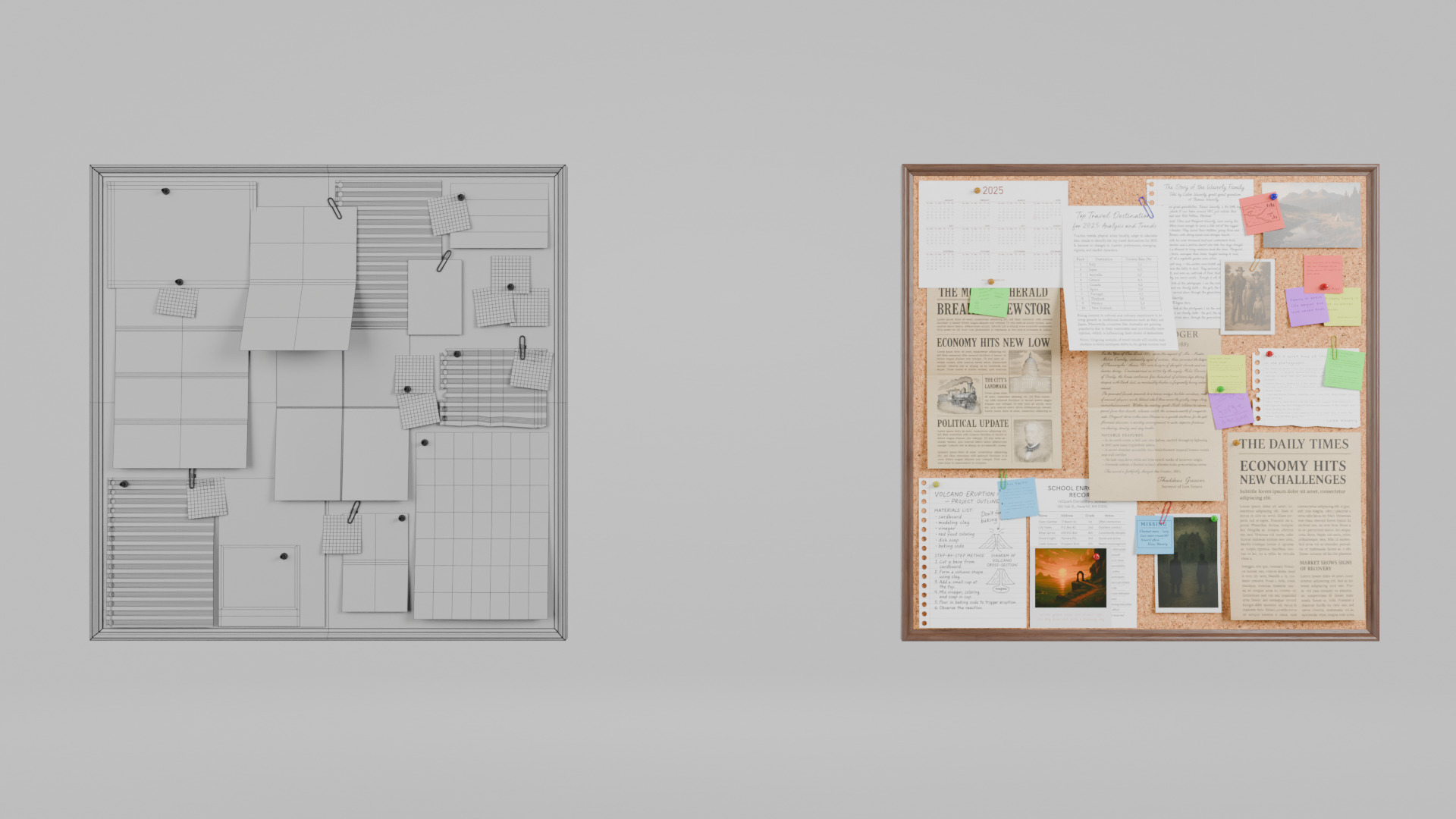 Customizable Wooden Wall Cork Board - Square Pin Notice Board Low-poly 3D model_16