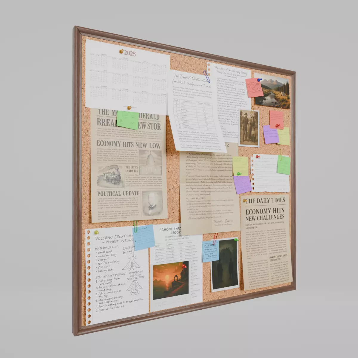 Customizable Wooden Wall Cork Board - Square Pin Notice Board Low-poly 3D model_0