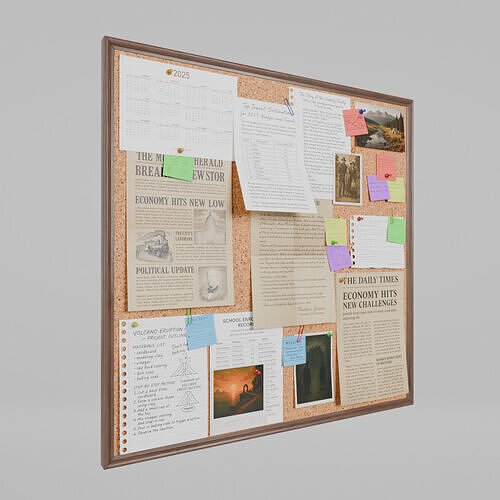 Customizable Wooden Wall Cork Board - Square Pin Notice Board Low-poly 3D model