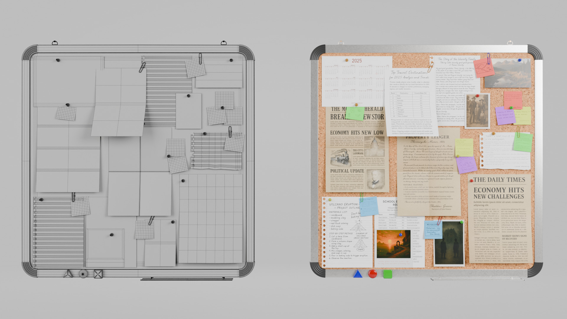 Customizable Metal Wall Cork Board - Square Pin Notice Board Low-poly 3D model_14