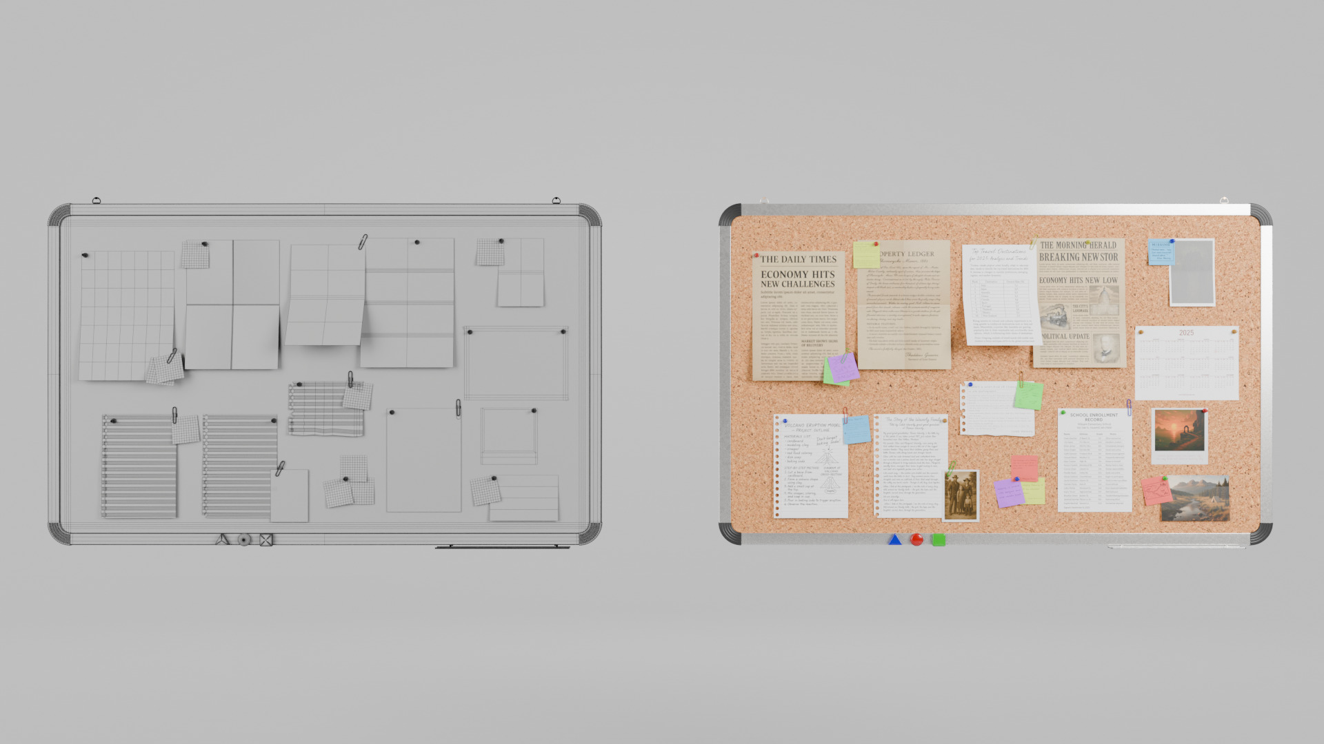 Customizable Metal Wall Cork Board - Pin Notice Board Low-poly 3D model_15
