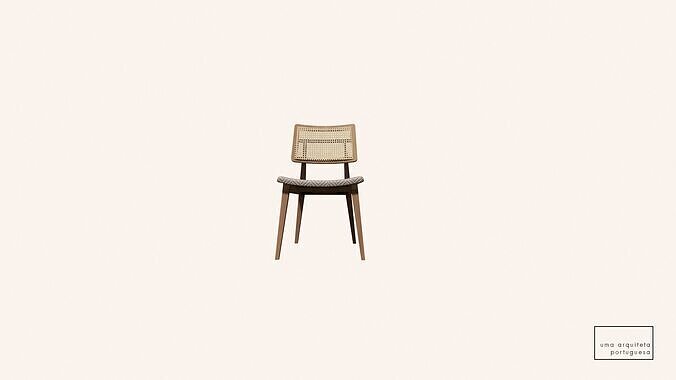 Mid-Century Wooden Chair with Wicker Backrest - Wood - Fabric Low-poly 3D model