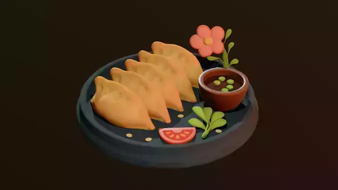 Stylized Gyoza Dumpling 3D Model Cute Japanese Food Plate