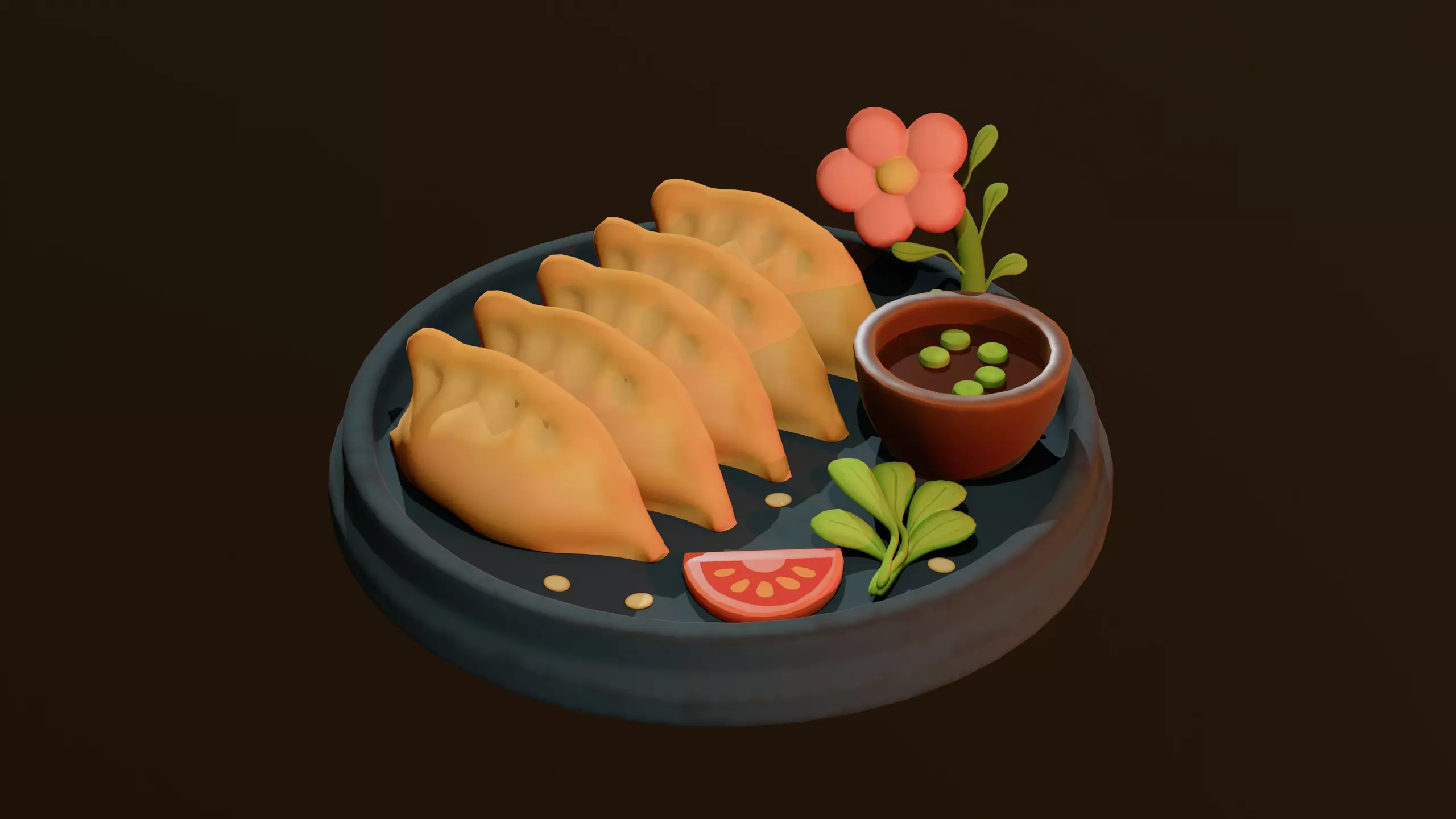Stylized Gyoza Dumpling 3D Model Cute Japanese Food Plate Low-poly 3D model