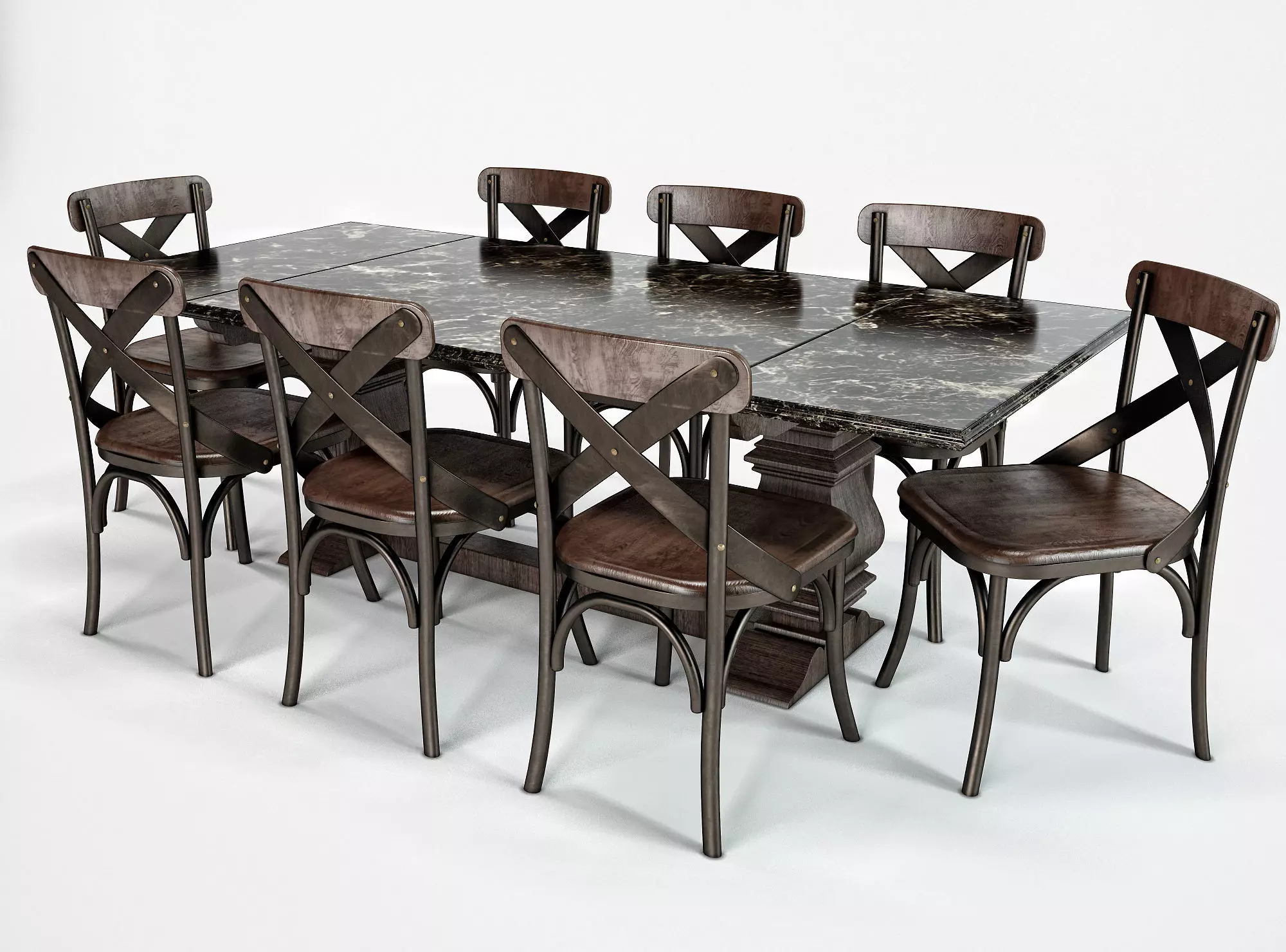 Classic Wooden Dining Table Set with 8 Chairs  3D model_0
