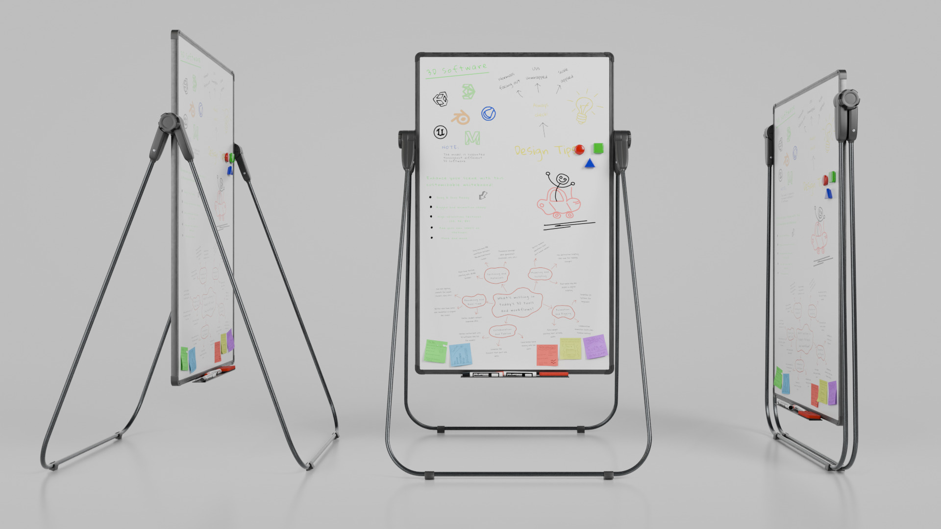 Customizable U-Stand Whiteboard Tall Writing Board Low-poly 3D model_9