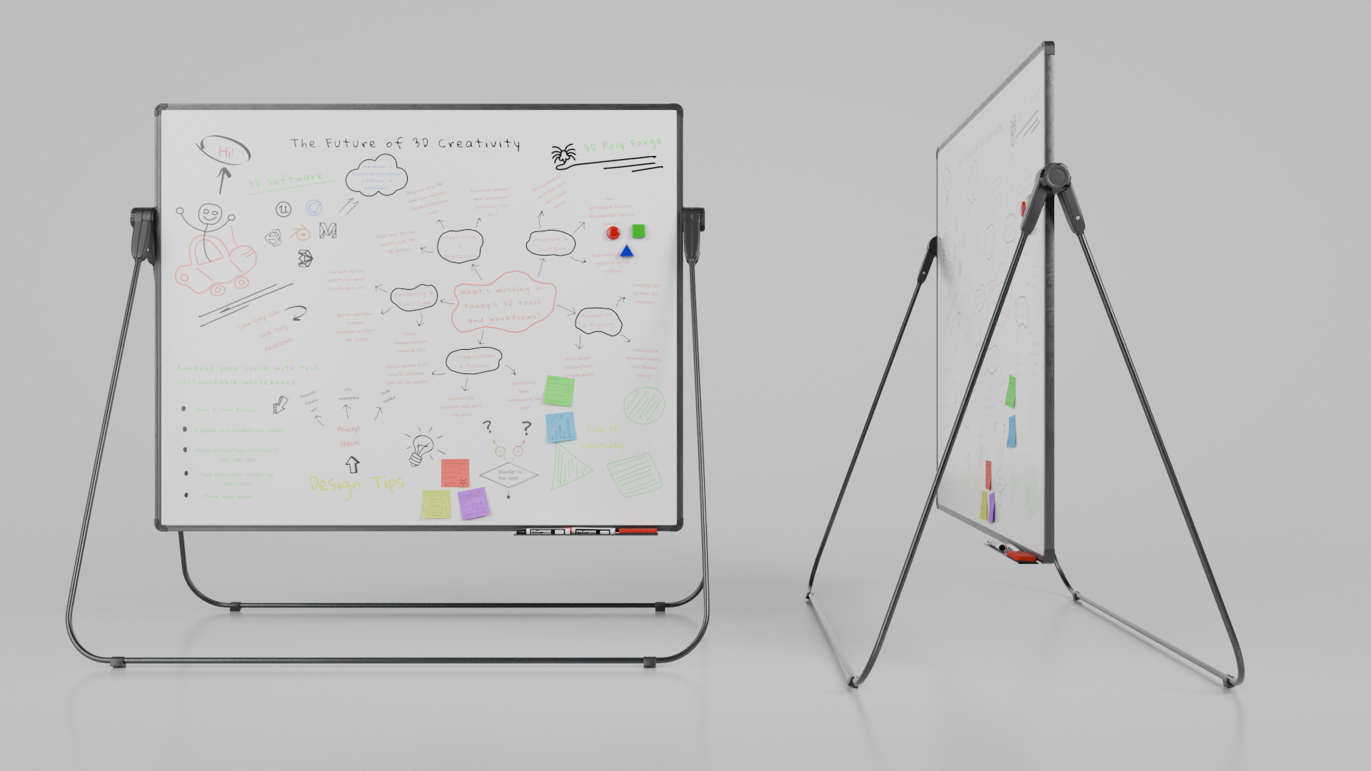 Customizable U-Stand Whiteboard Rectangular Writing Board Low-poly 3D model_6